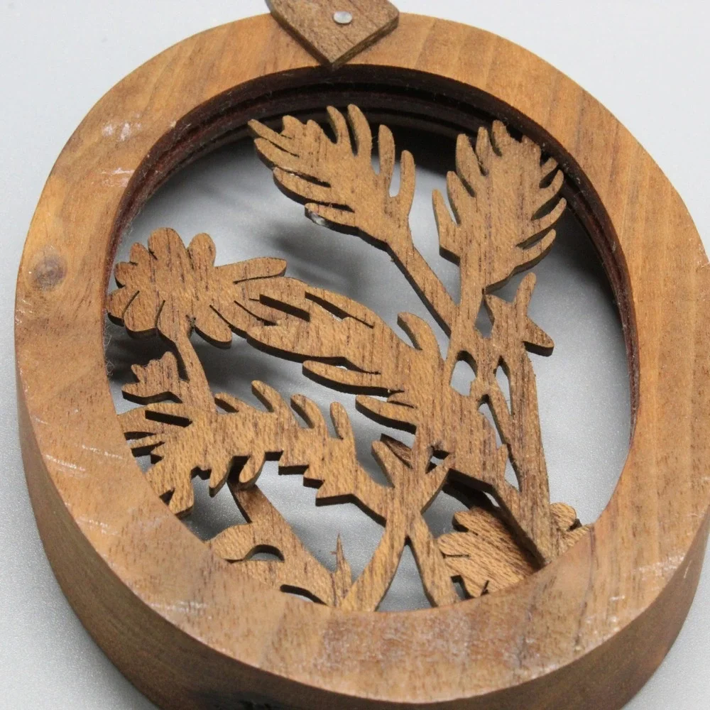 Wooden Floral Wall Plaque Oval Carved Cutout Brown Rustic Folk Art 4in